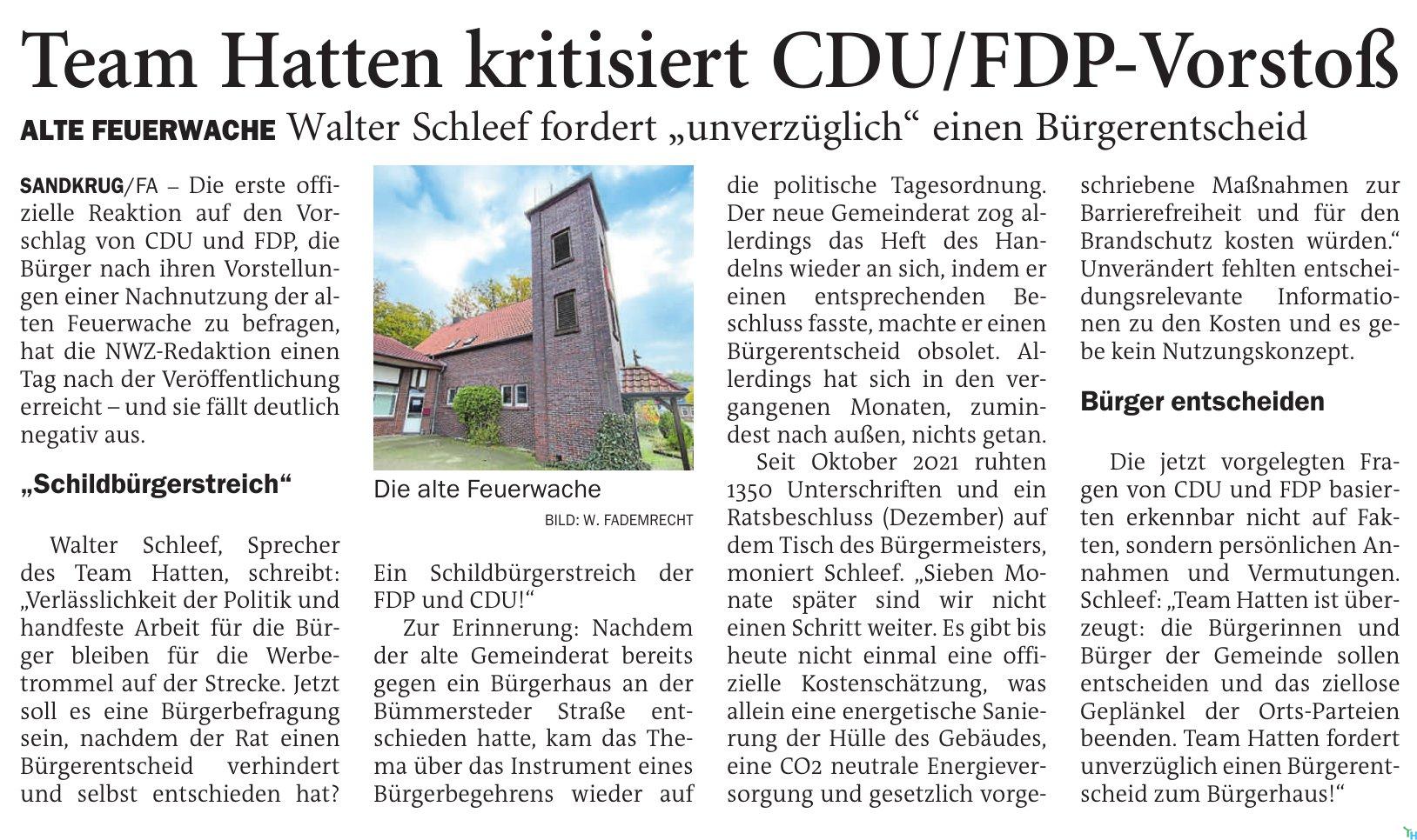 Team Hatten kritisiert CDU/FDP-Vorstoß