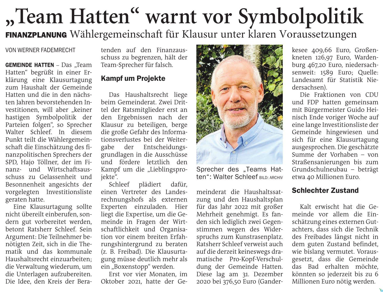 Team Hatten warnt vor Symbolpolitik