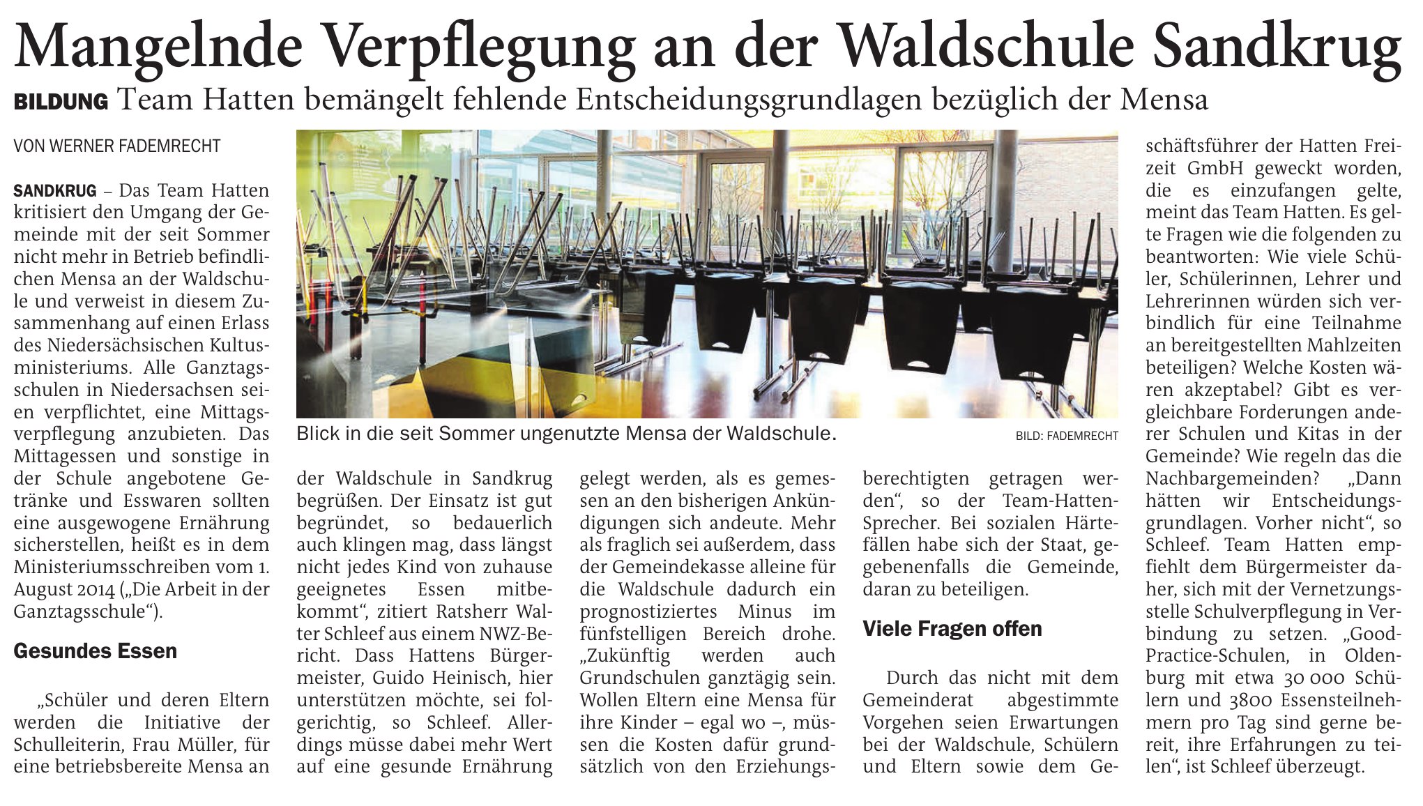 Mangelnde Verpflegung an der Waldschule Sandkrug