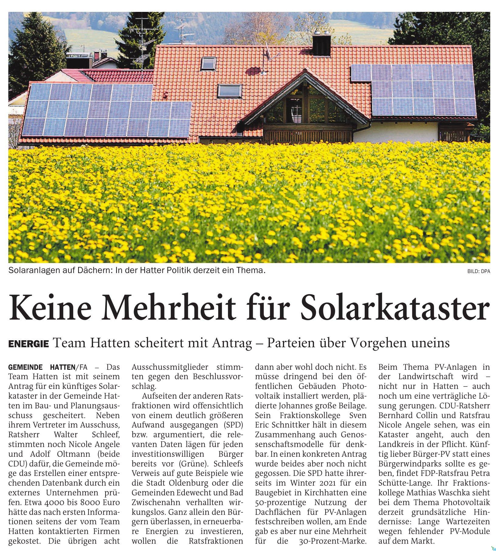 Keine Mehrheit für Solarkataster