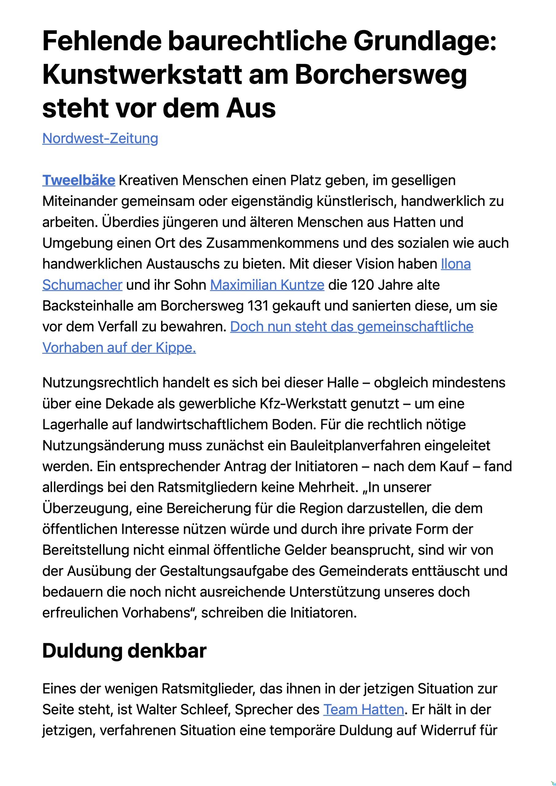 Kunstwerkstatt am Borchersweg steht vor dem Aus