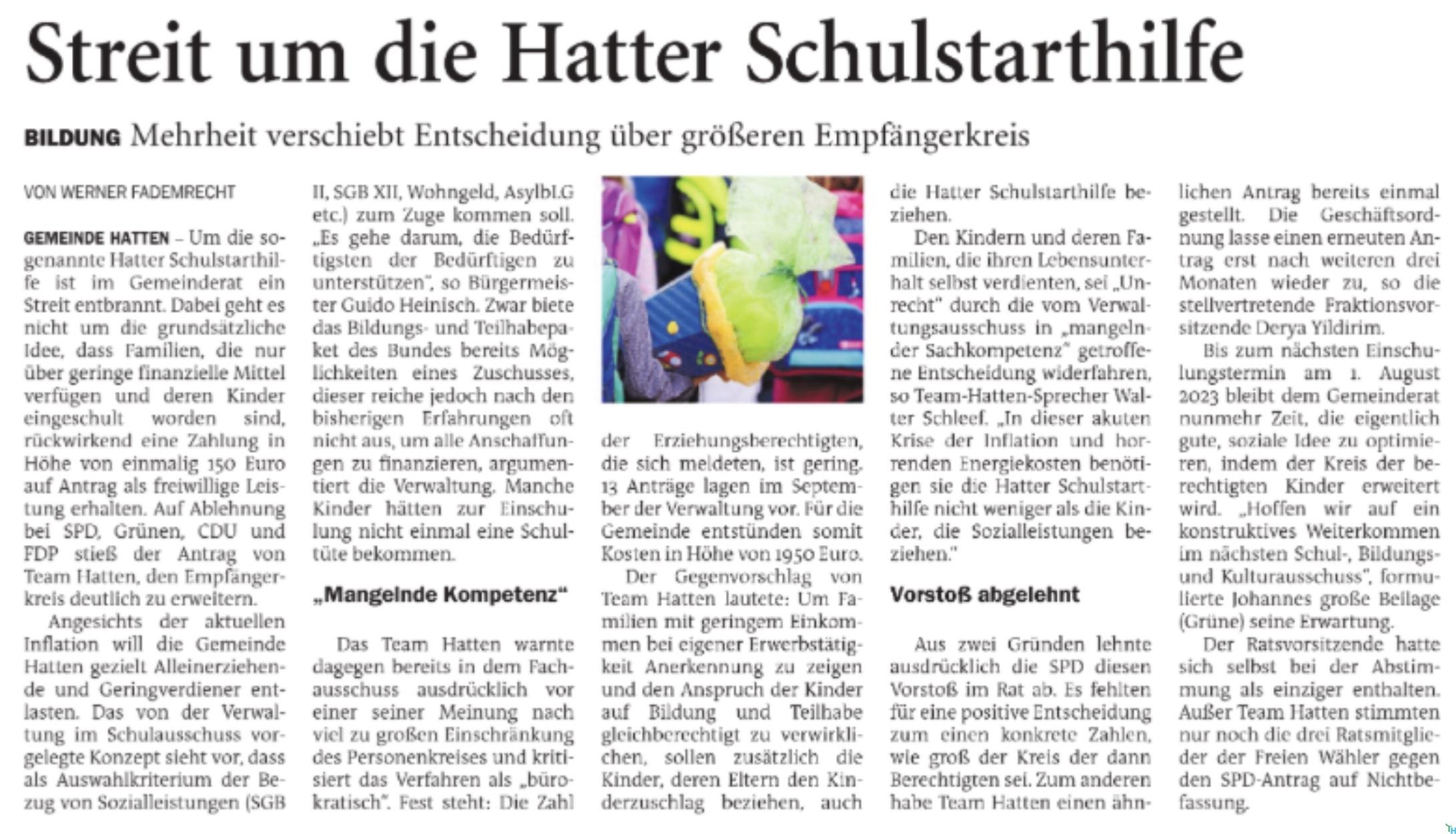 Streit um die Hatten Schulstarthilfe