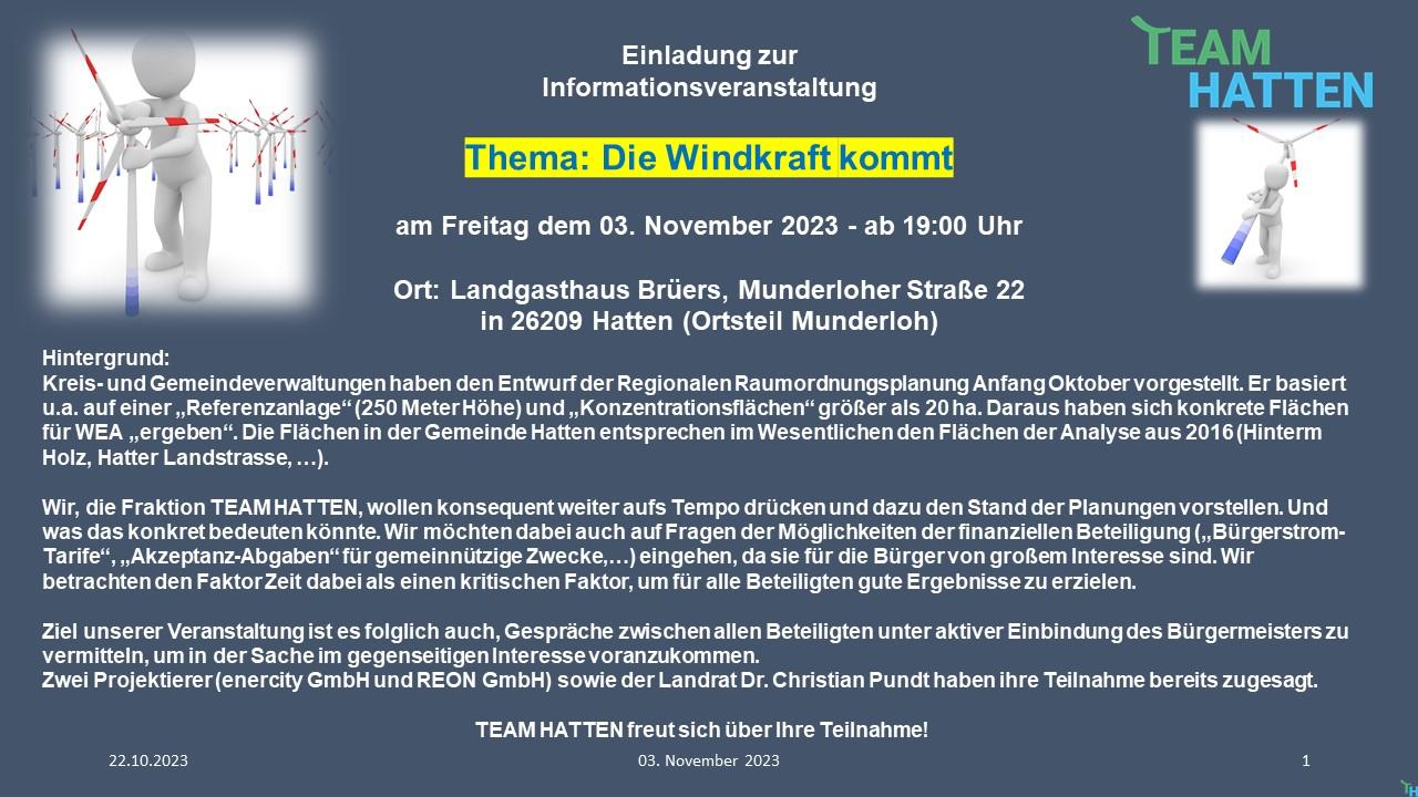 Einladung an die Bürger der Gemeinde Hatten: Die Windkraft kommt!