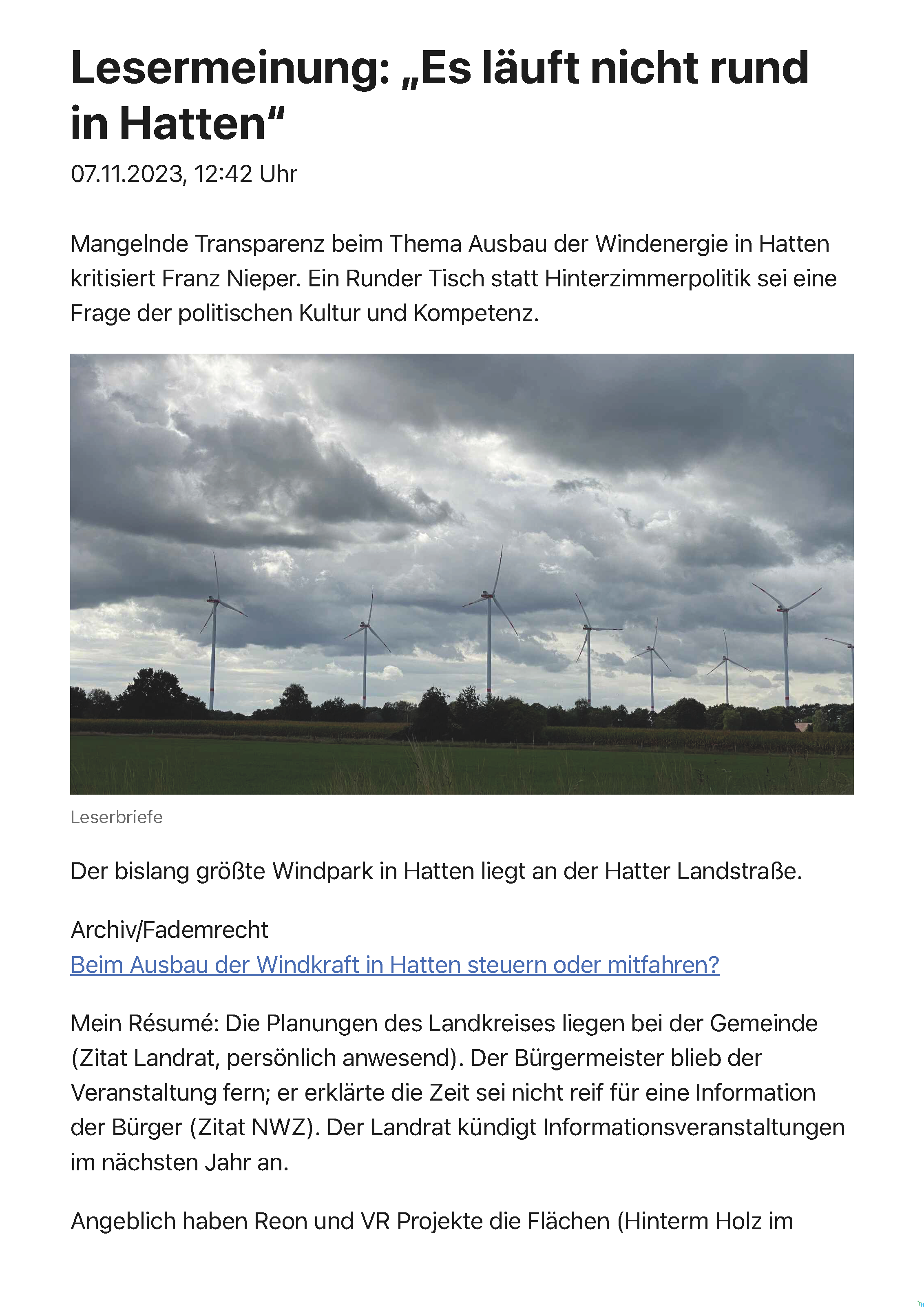 07.11.2023 Lesermeinung: „Es läuft nicht rund in Hatten“