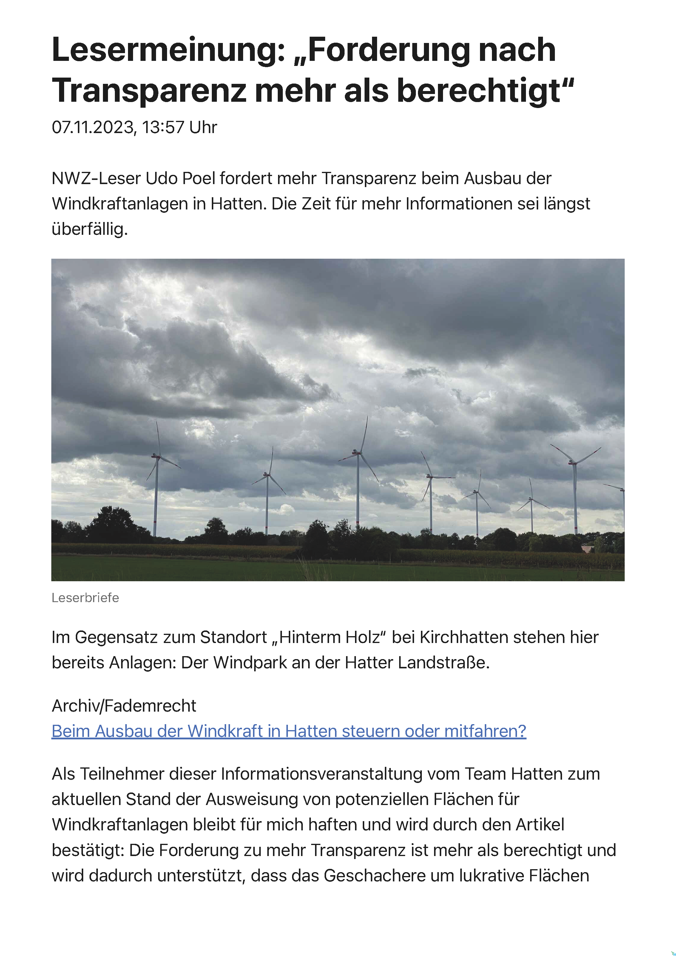 07.11.2023 Lesermeinung: „Forderung nach Transparenz mehr als berechtigt“