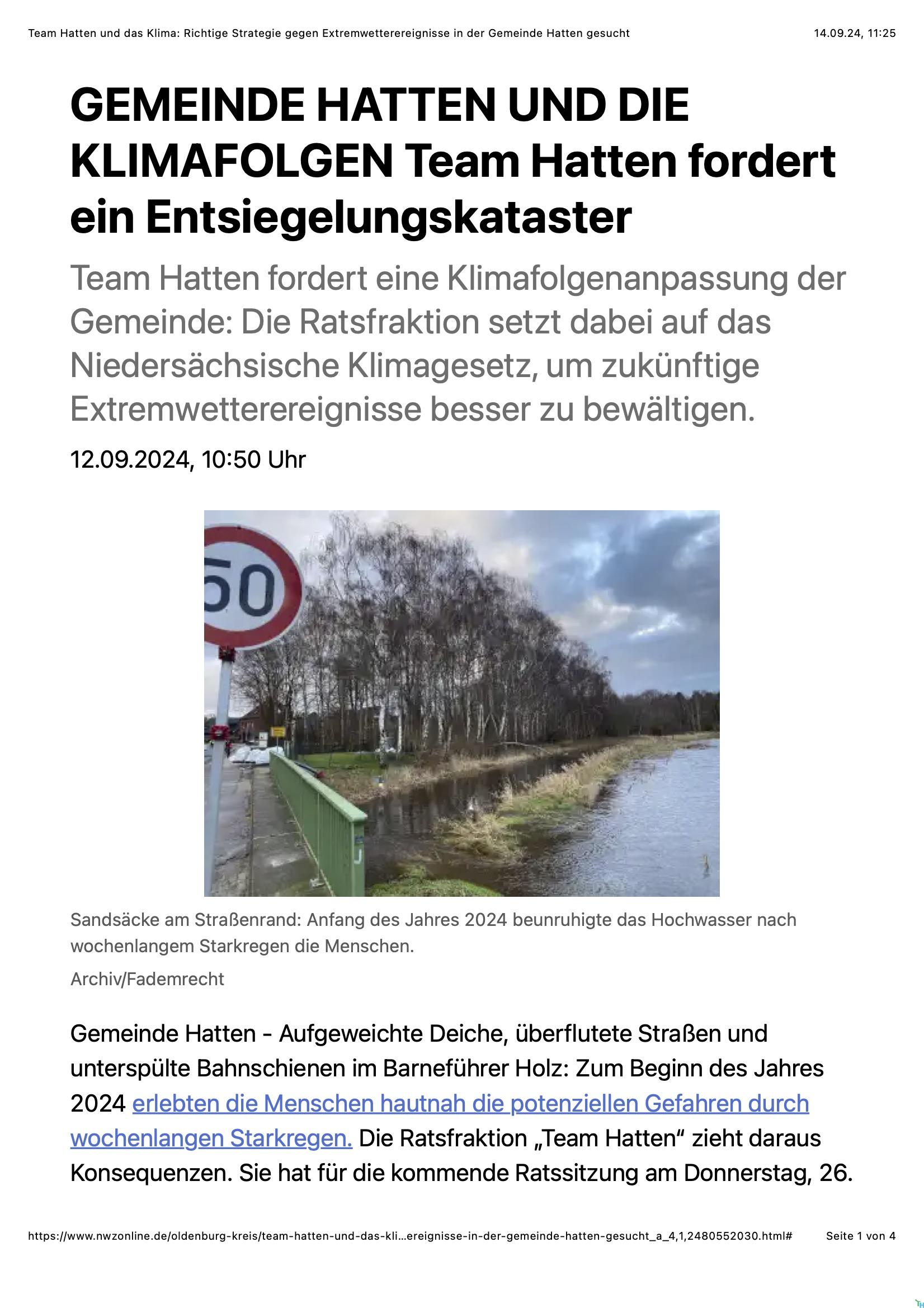 12.09.2024 GEMEINDE HATTEN UND DIE KLIMAFOLGEN Team Hatten fordert ein Entsiegelungskataster