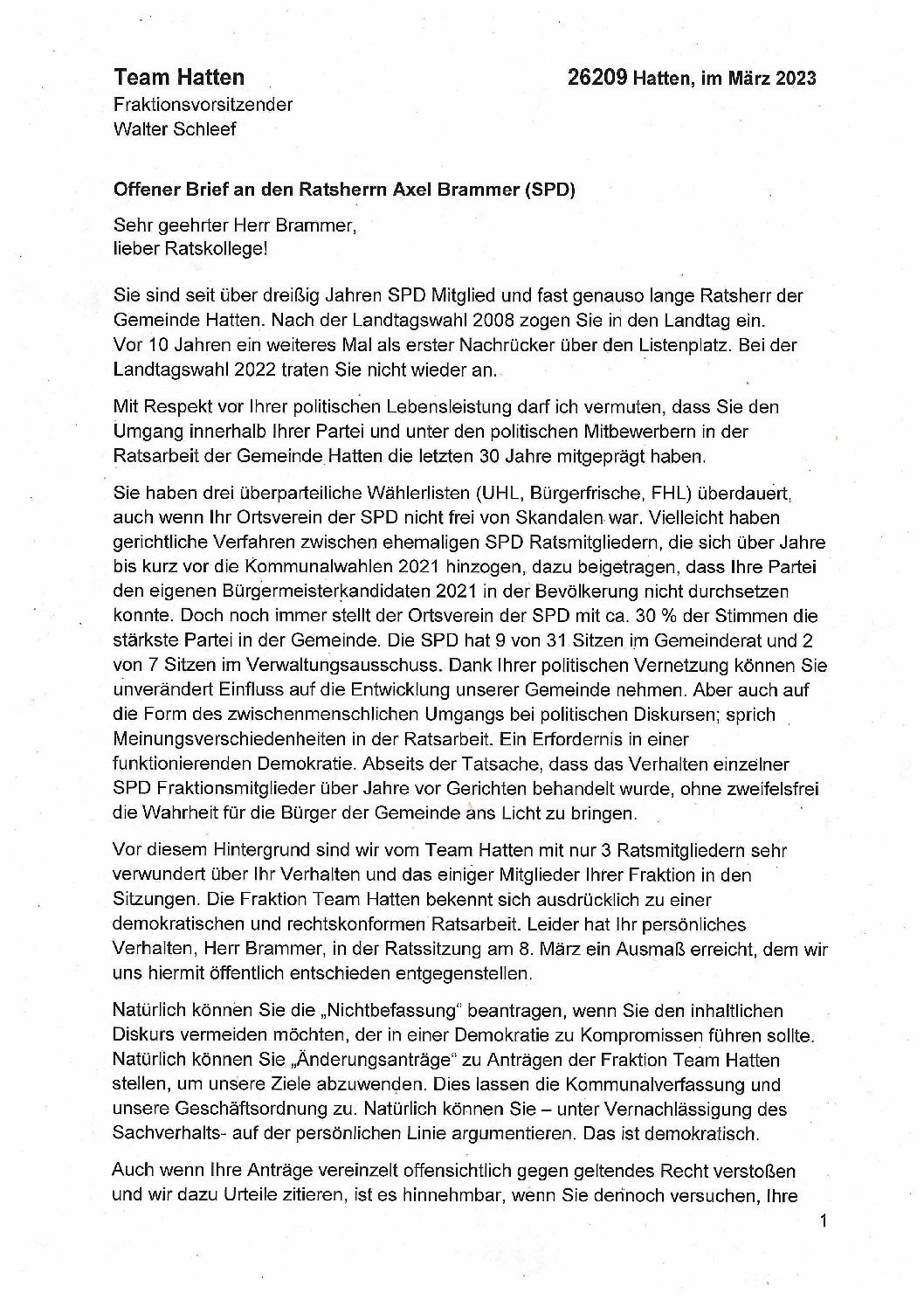 Offener Brief An Ratsherrn Axel Brammer (SPD) – Team Hatten